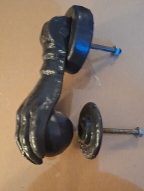 Antique Cast Iron Hand With Ball Door Knocker in Black With Strike Plate